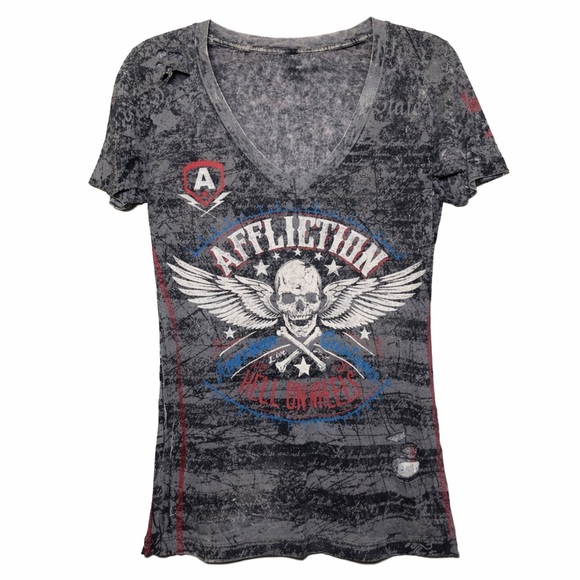 Affliction Tops - Buckle Affliction Black Gray Cutout V-Neck Graphic Tee